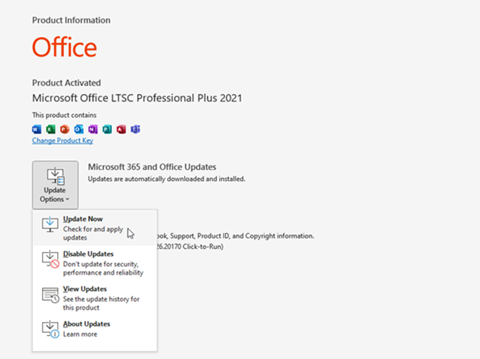 Click Update Options > Update Now to update the Office